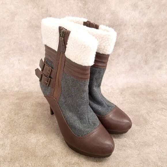 Elle Womens Drew Size 8 Brown Gray Textile Side Zip Shearling 3.5" Heeled Ankle - Picture 1 of 11